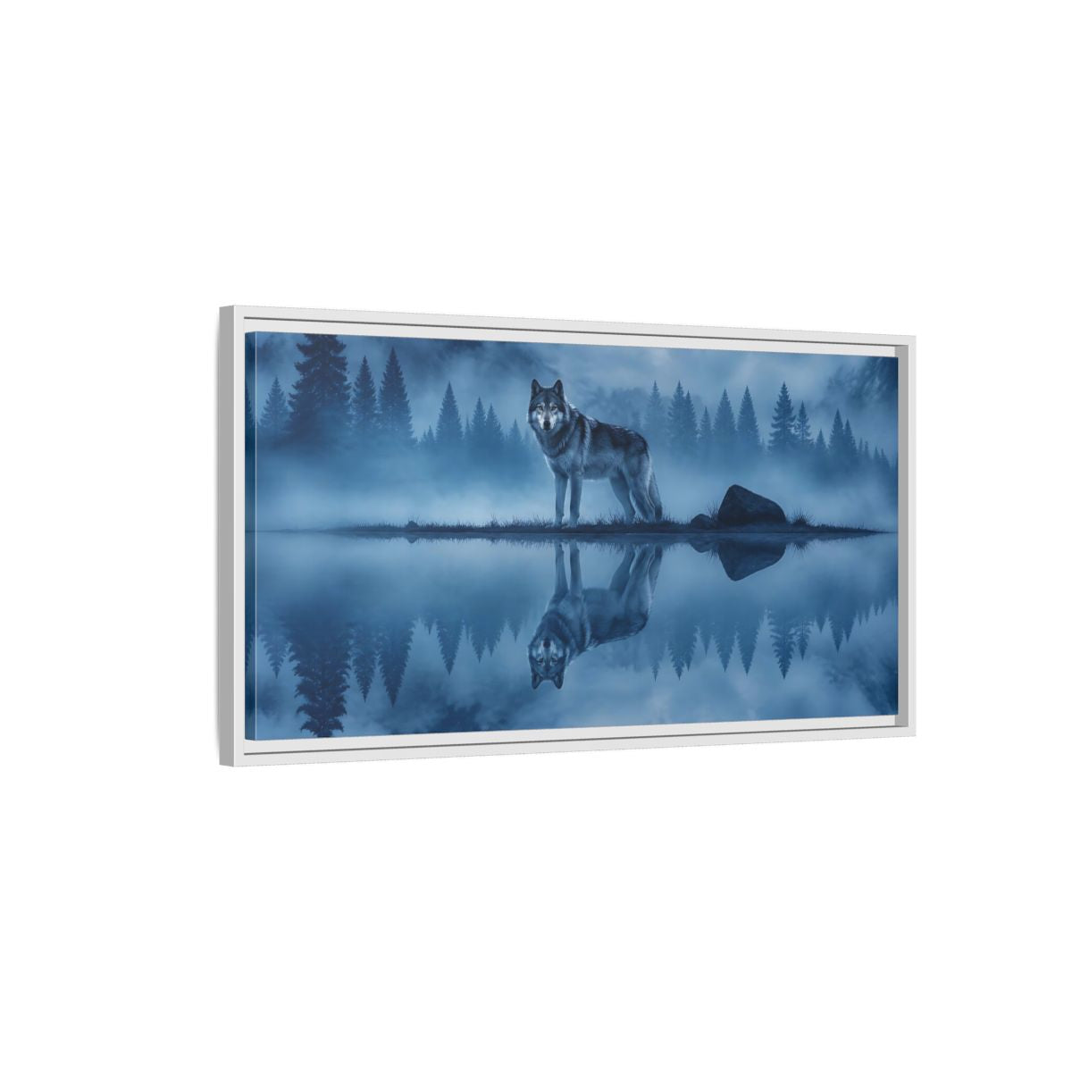 Side Mockup 1. Misty Lake Wolf shown as framed canvas print