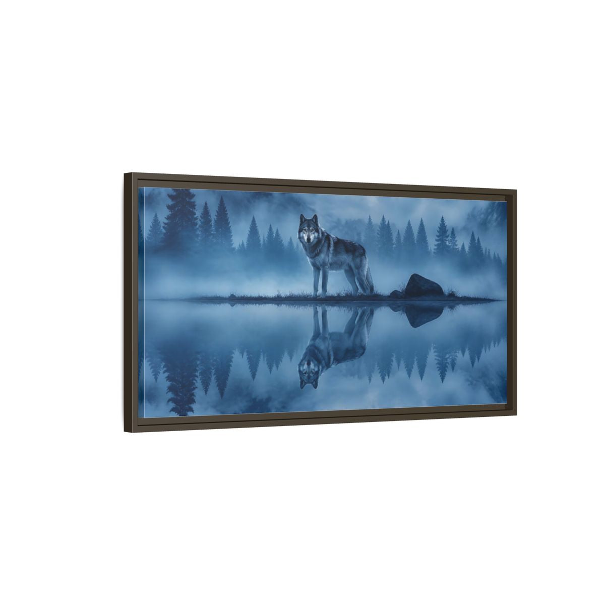 Main Mockup. Misty Lake Wolf shown as framed canvas print