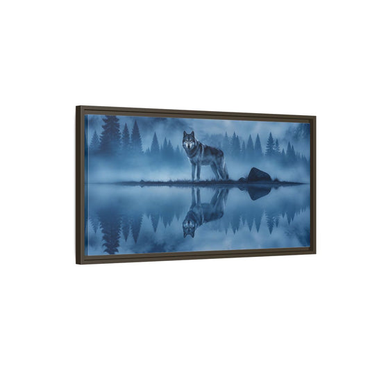 Main Mockup. Misty Lake Wolf shown as framed canvas print