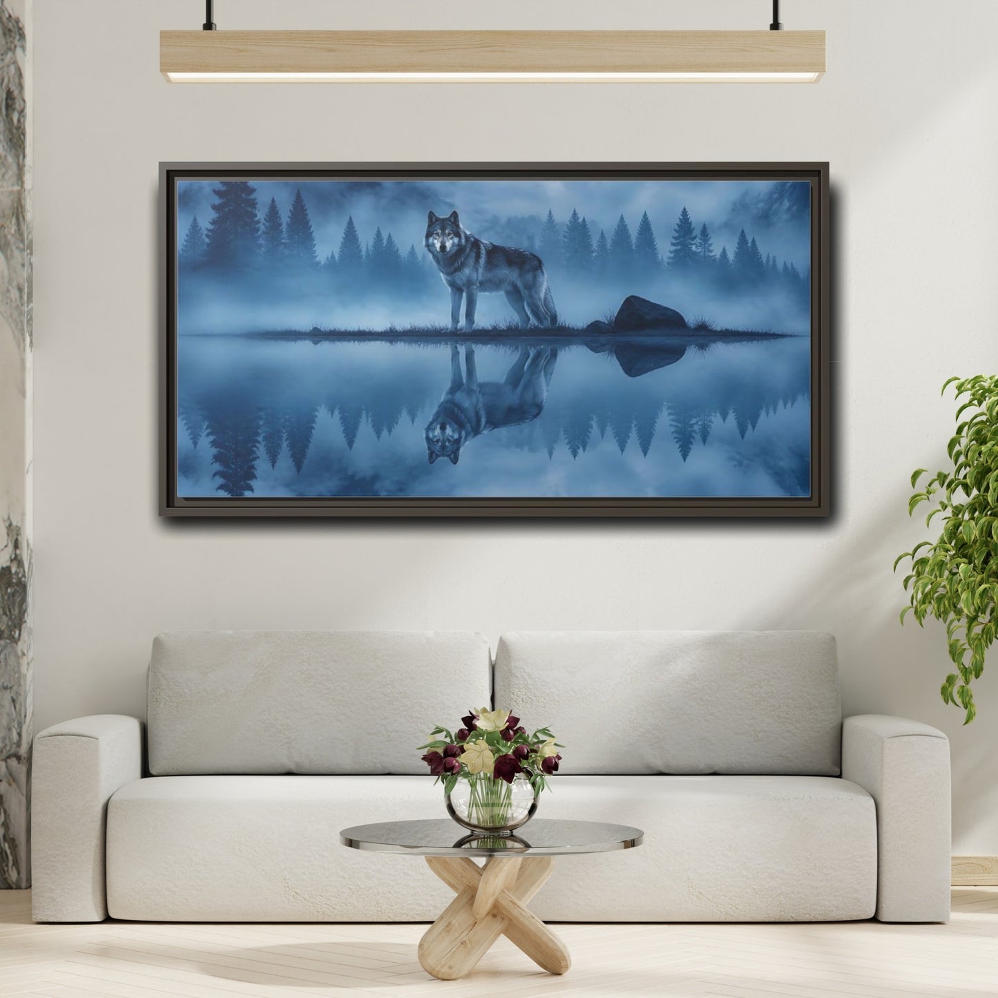 Mockup 2. Misty Lake Wolf shown as framed canvas print
