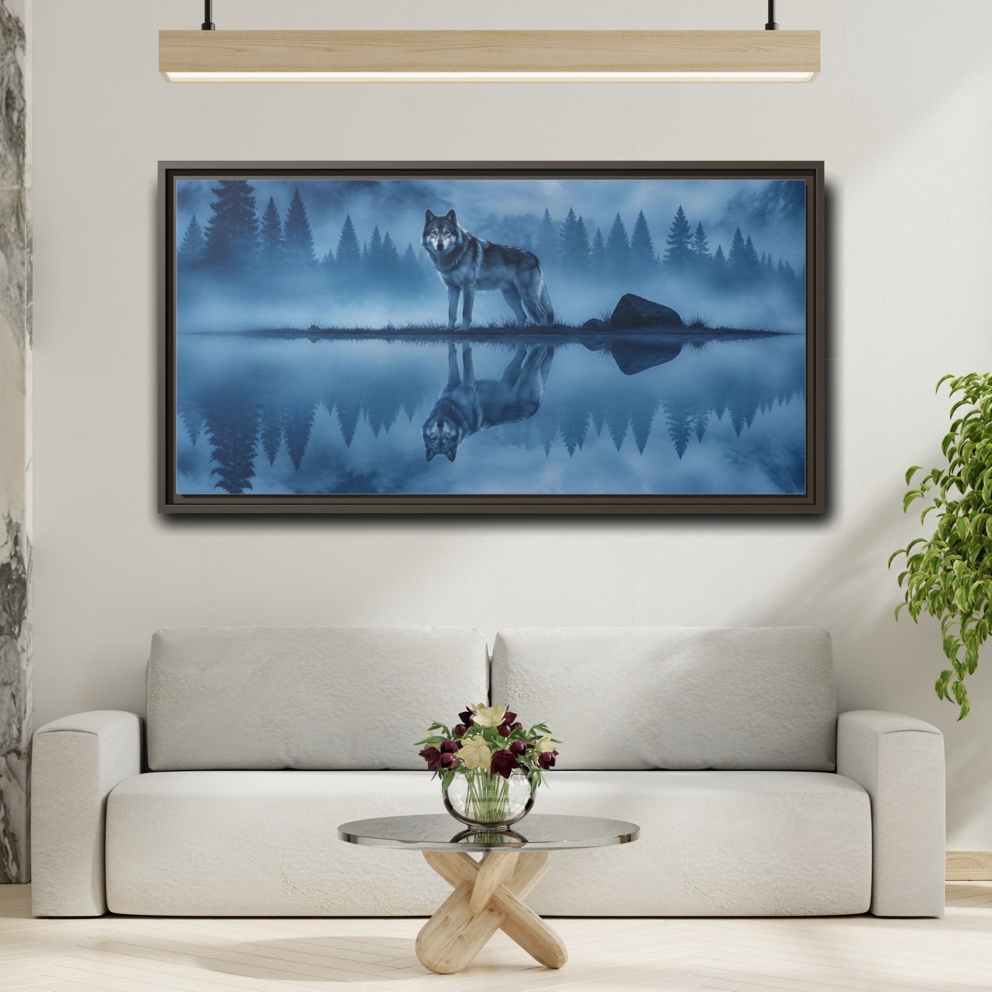 Mockup 2. Misty Lake Wolf shown as framed canvas print