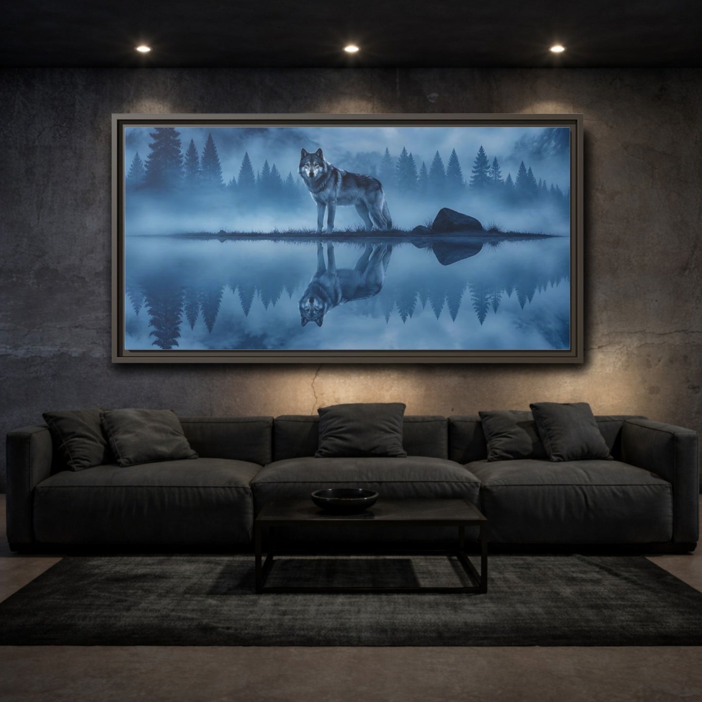 Mockup 3. Misty Lake Wolf shown as framed canvas print
