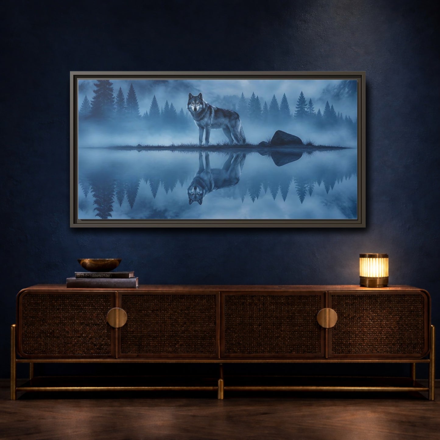 Mockup 4. Misty Lake Wolf shown as framed canvas print