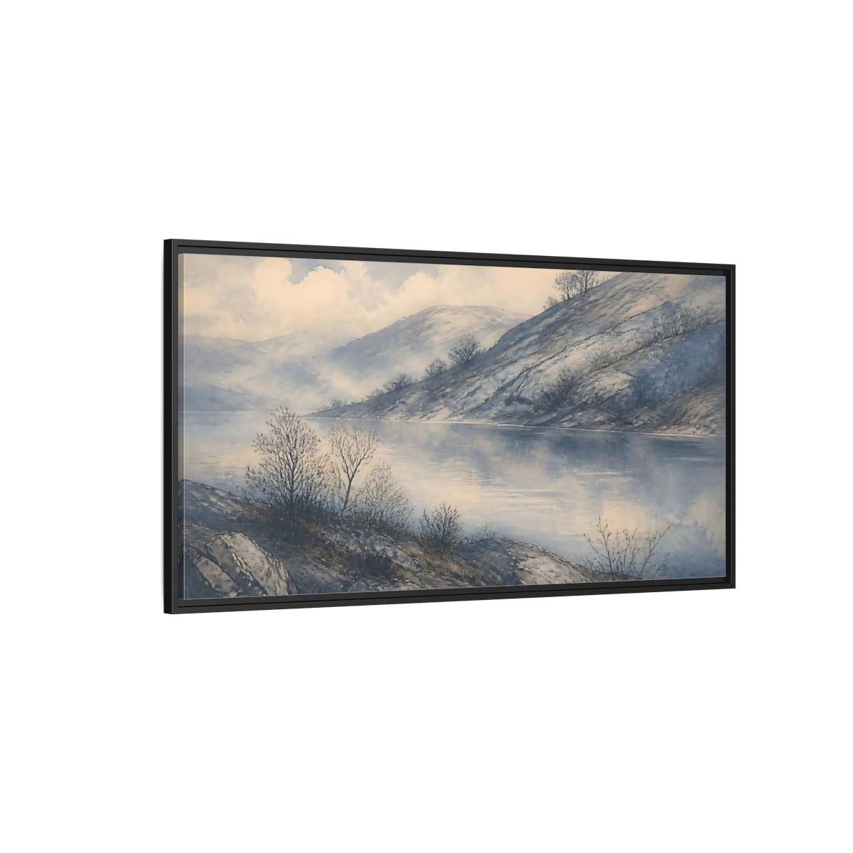 Side Mockup 5. Misty Lakeside Hills shown as framed canvas print