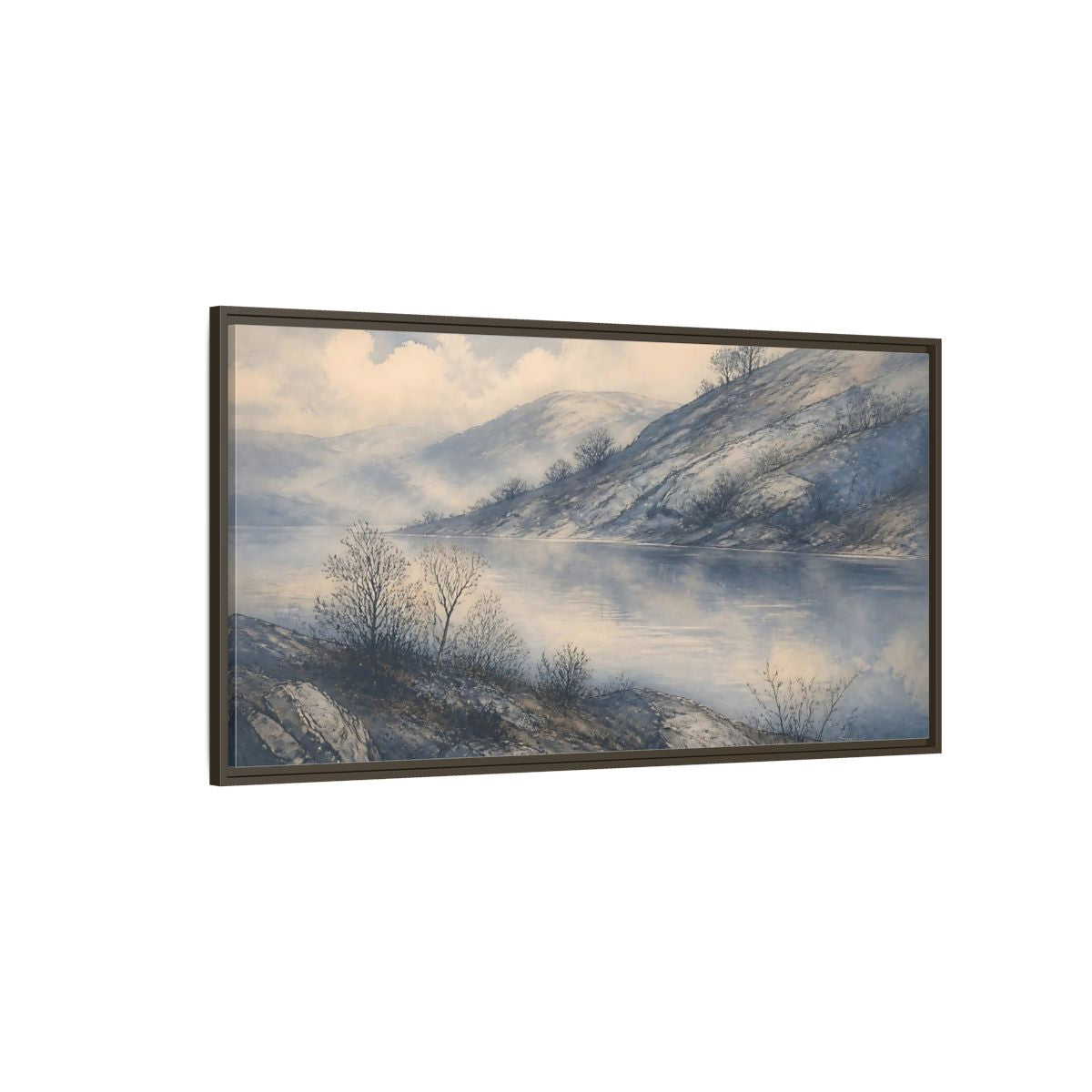 Side Mockup 4. Misty Lakeside Hills shown as framed canvas print