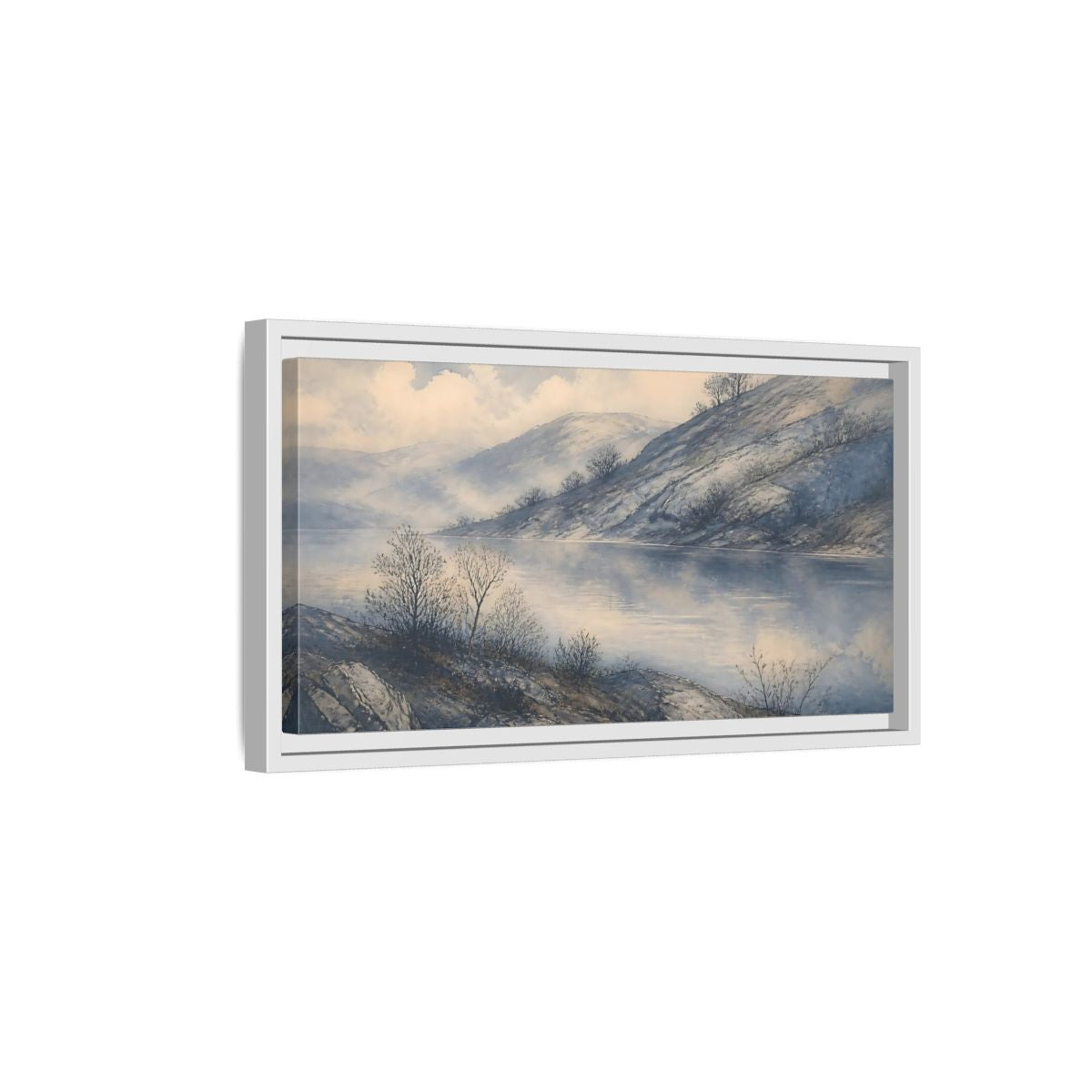 Side Mockup 6. Misty Lakeside Hills shown as framed canvas print