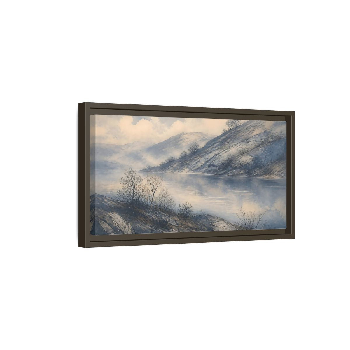 Side Mockup 7. Misty Lakeside Hills shown as framed canvas print