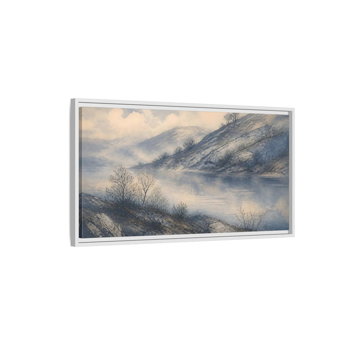 Side Mockup 1. Misty Lakeside Hills shown as framed canvas print