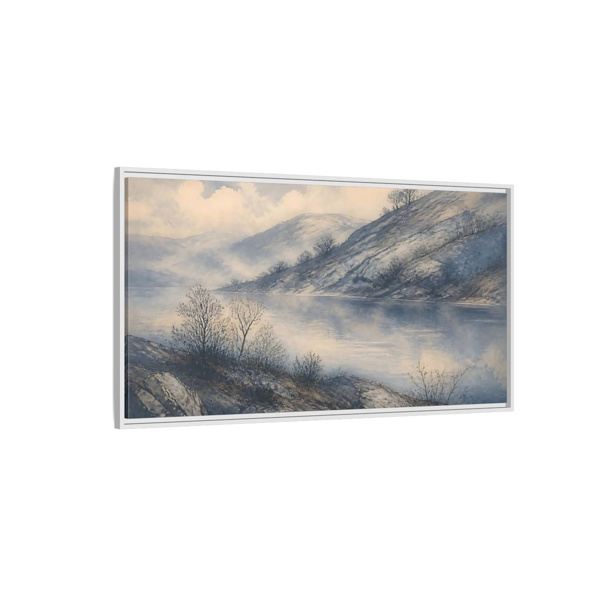 Side Mockup 3. Misty Lakeside Hills shown as framed canvas print