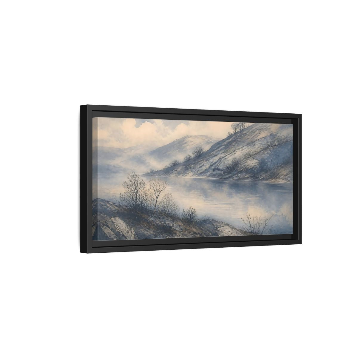 Side Mockup 8. Misty Lakeside Hills shown as framed canvas print