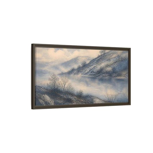 Main Mockup. Misty Lakeside Hills shown as framed canvas print
