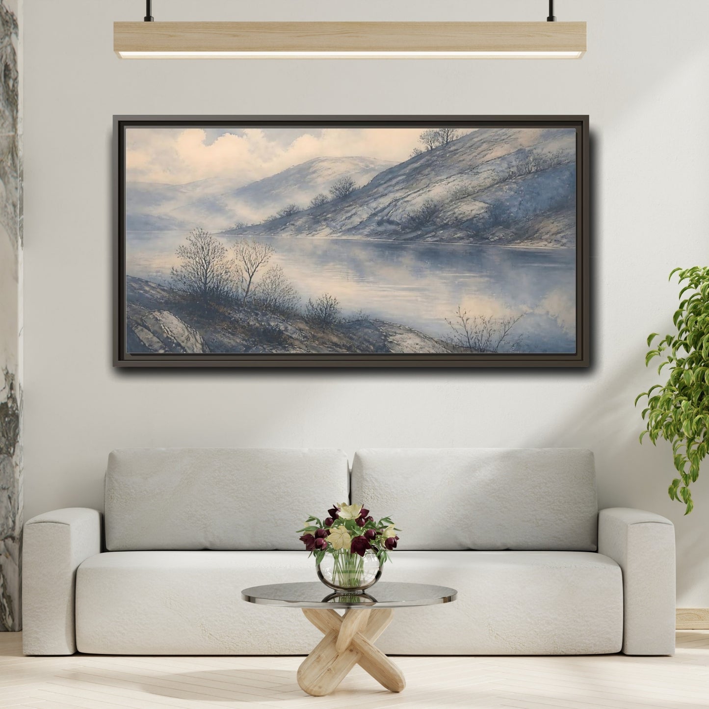 Mockup 2. Misty Lakeside Hills shown as framed canvas print