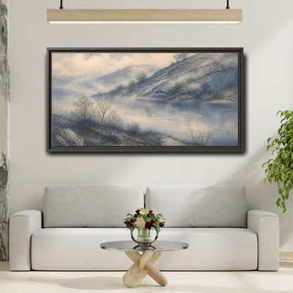 Mockup 2. Misty Lakeside Hills shown as framed canvas print