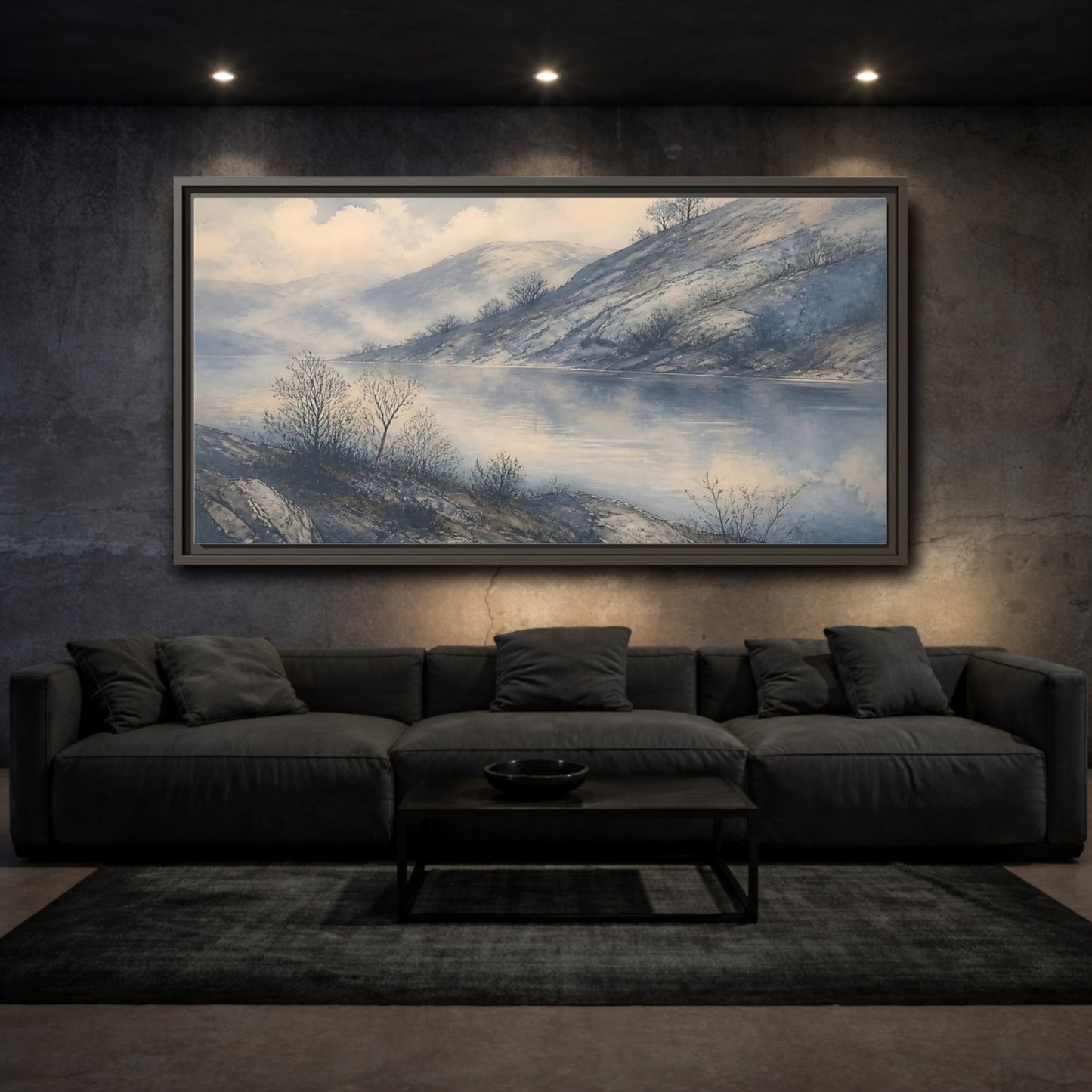 Mockup 3. Misty Lakeside Hills shown as framed canvas print