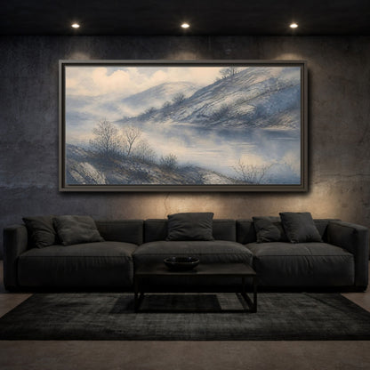 Mockup 3. Misty Lakeside Hills shown as framed canvas print