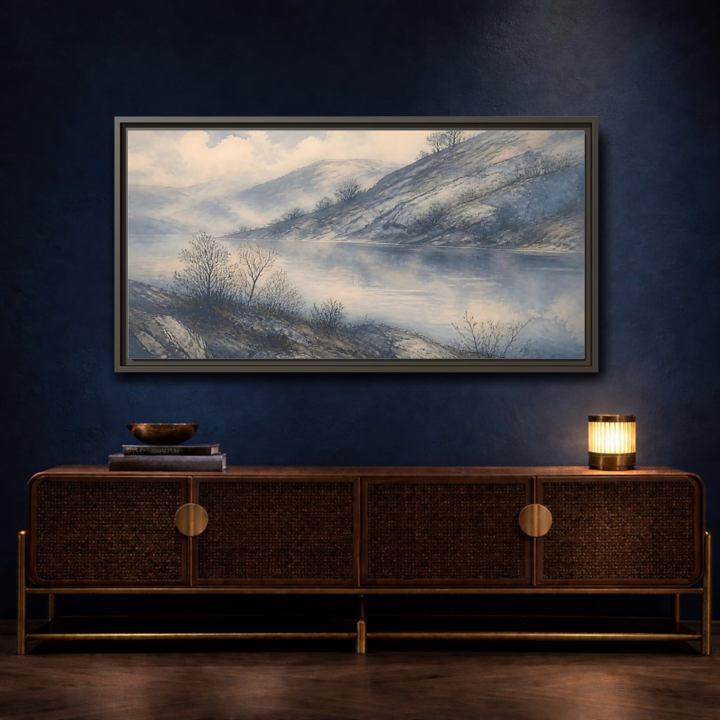 Mockup 4. Misty Lakeside Hills shown as framed canvas print