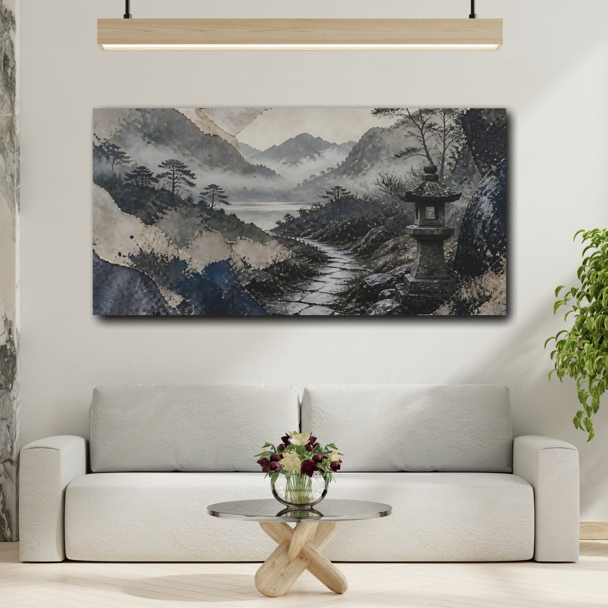 Mockup 2. Misty Lantern Path shown as canvas print