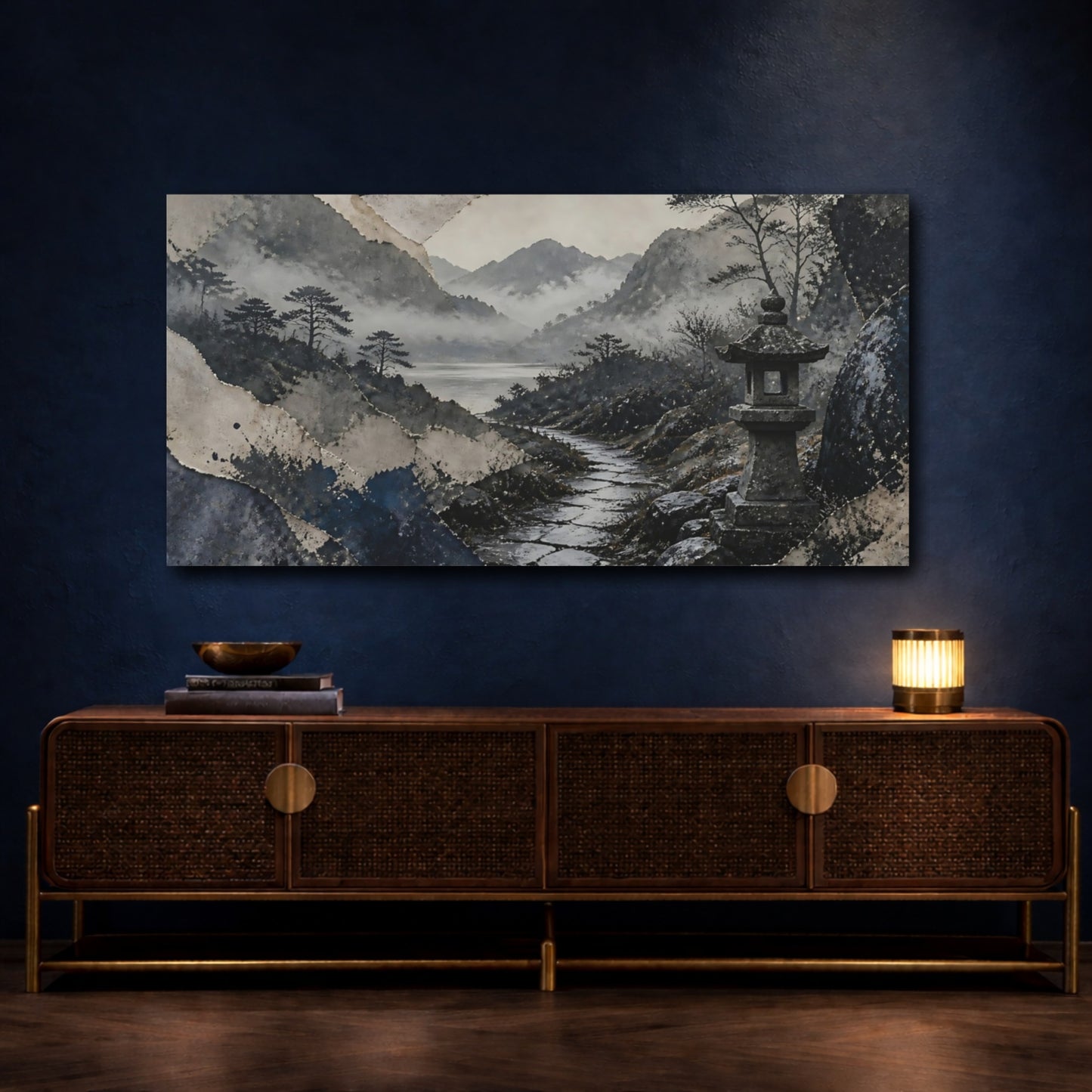 Mockup 4. Misty Lantern Path shown as canvas print
