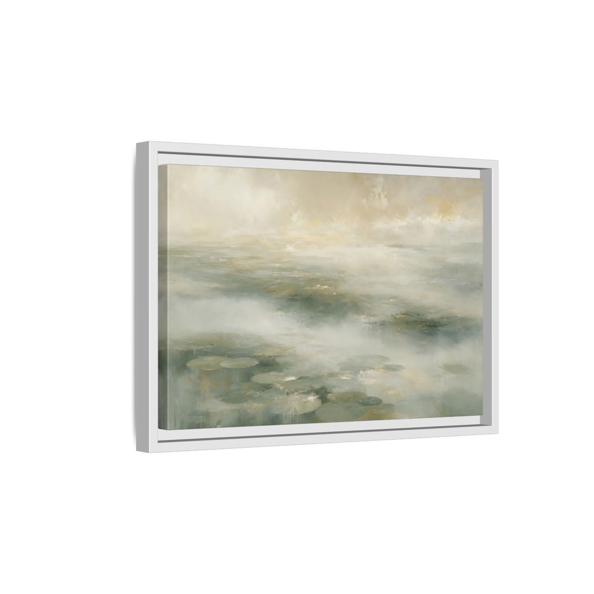 Side Mockup 4. Misty Lily Pond shown as framed canvas print