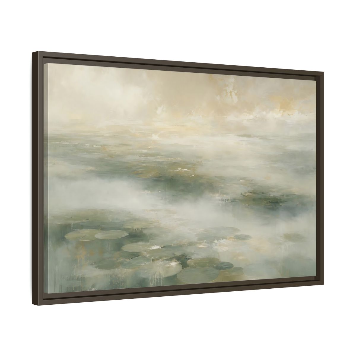 Side Mockup 11. Misty Lily Pond shown as framed canvas print