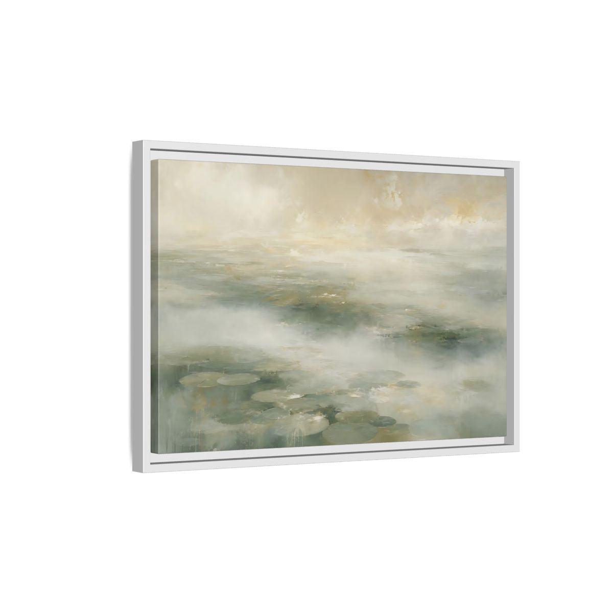 Side Mockup 1. Misty Lily Pond shown as framed canvas print