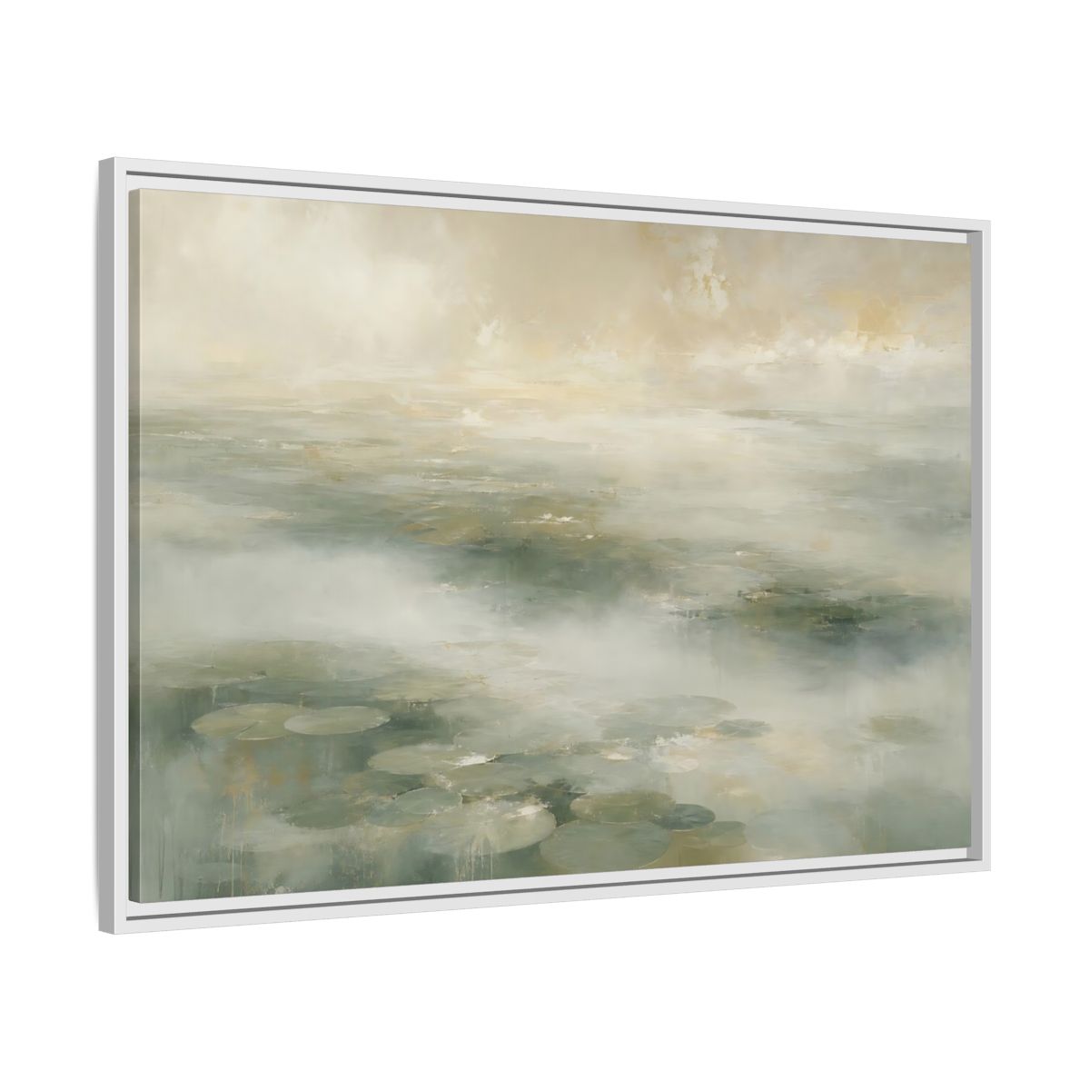 Side Mockup 9. Misty Lily Pond shown as framed canvas print