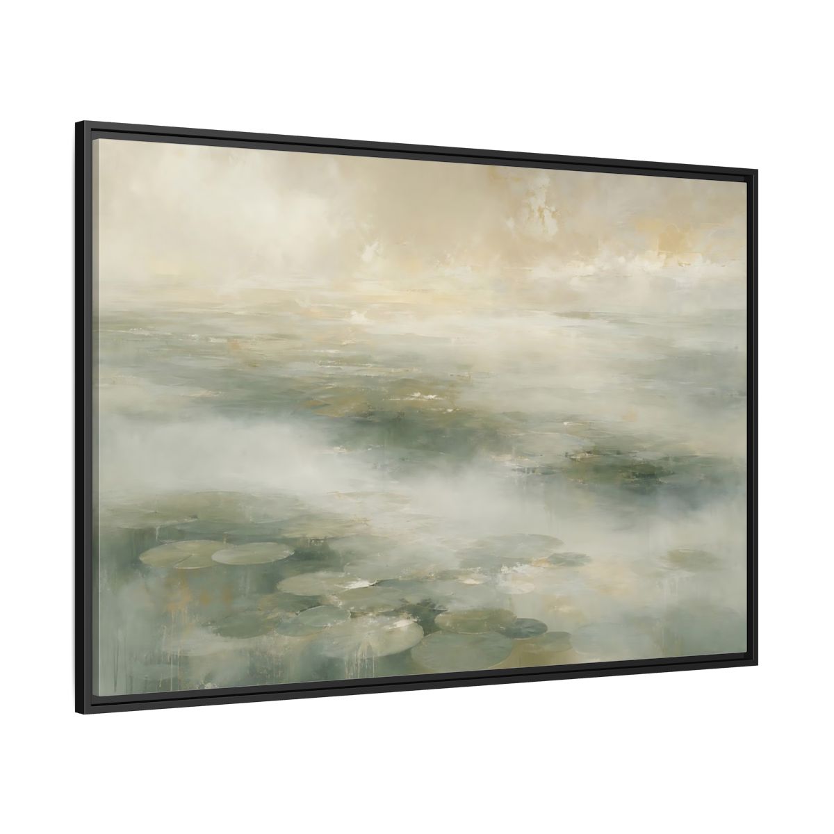 Side Mockup 12. Misty Lily Pond shown as framed canvas print