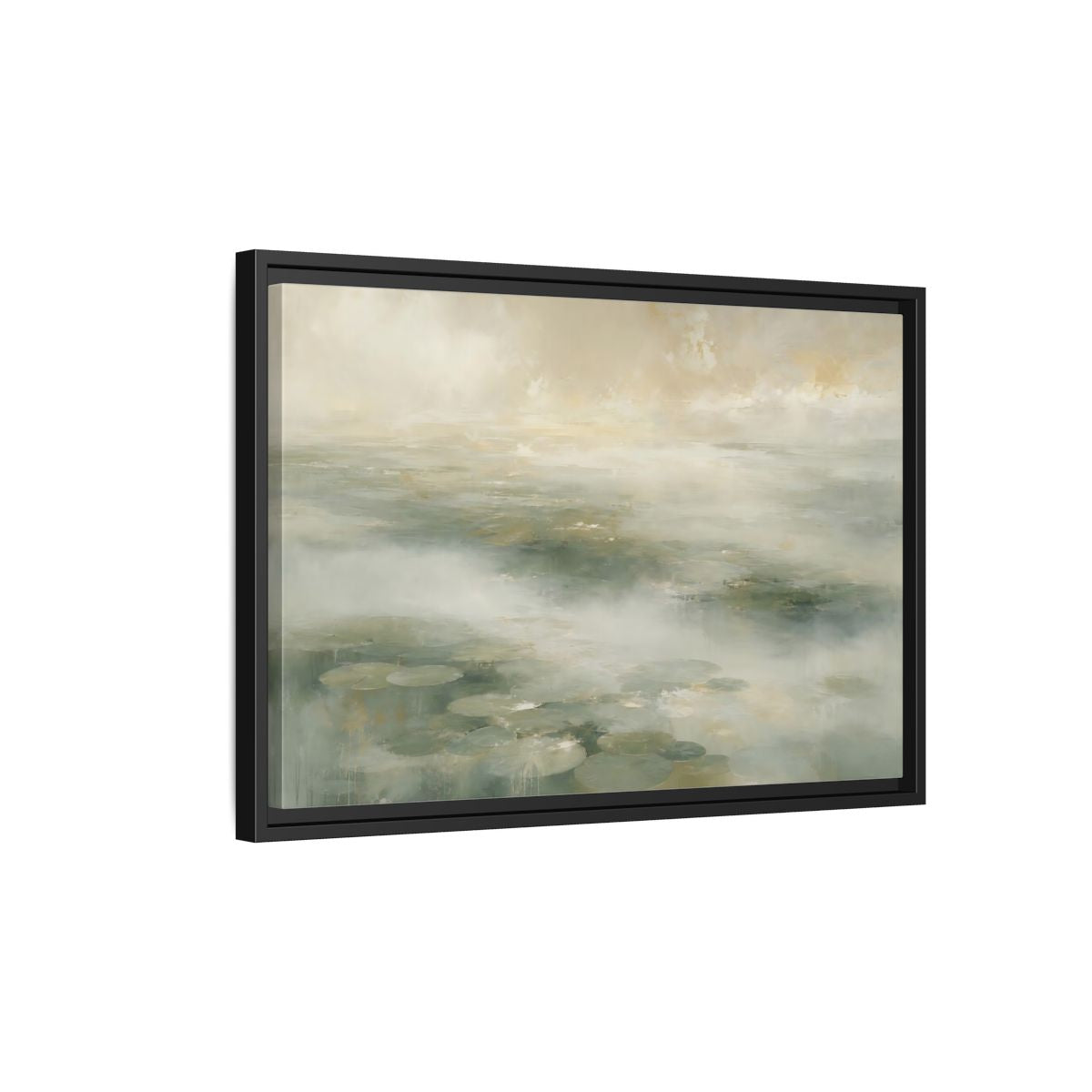 Side Mockup 3. Misty Lily Pond shown as framed canvas print