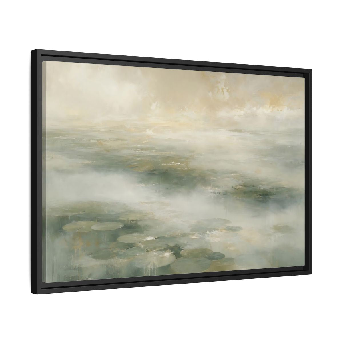 Side Mockup 14. Misty Lily Pond shown as framed canvas print