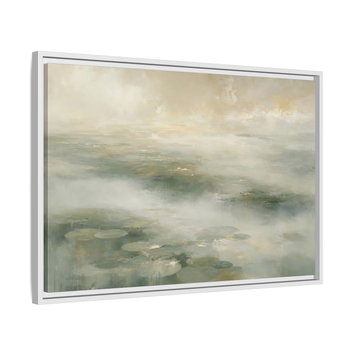 Side Mockup 10. Misty Lily Pond shown as framed canvas print