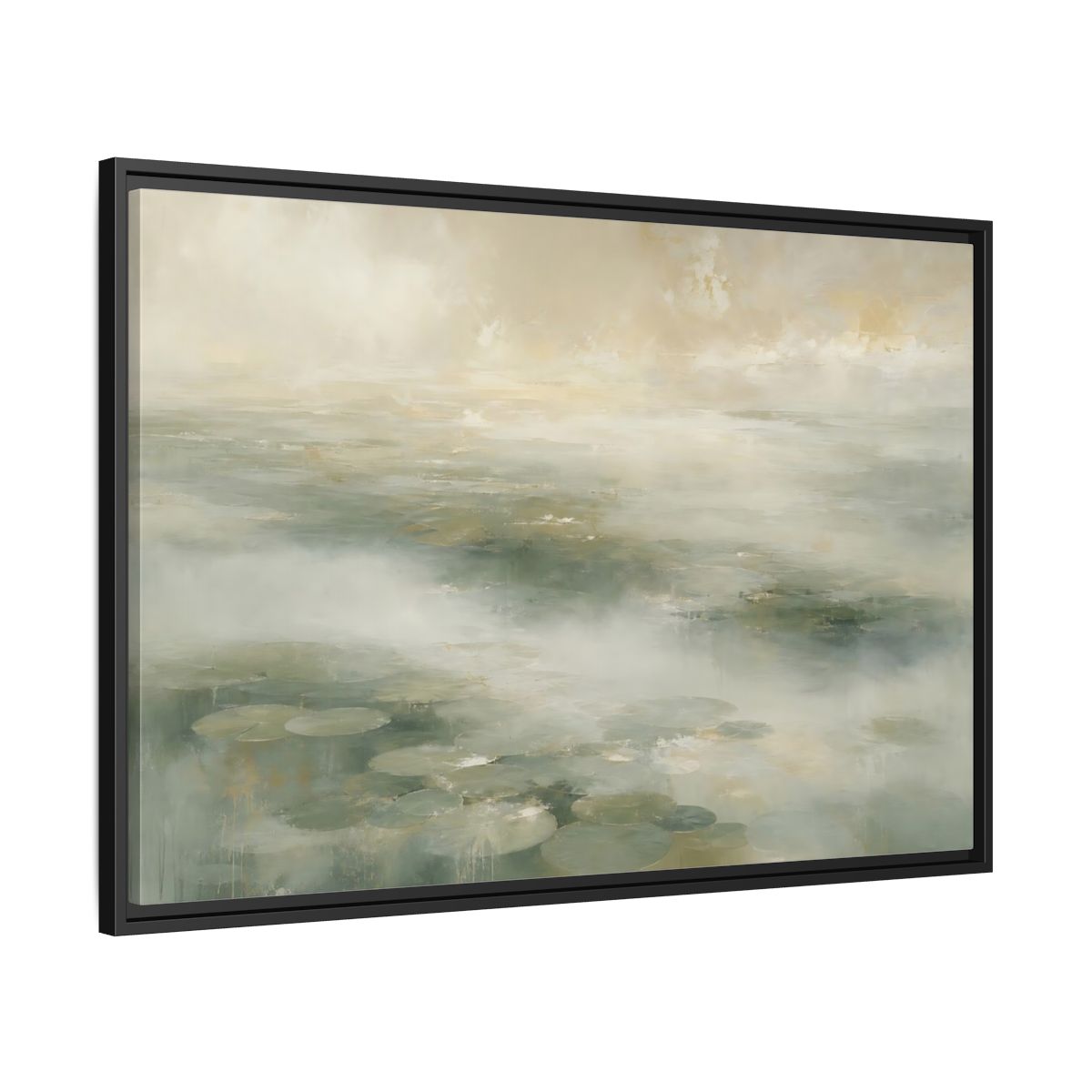 Side Mockup 13. Misty Lily Pond shown as framed canvas print