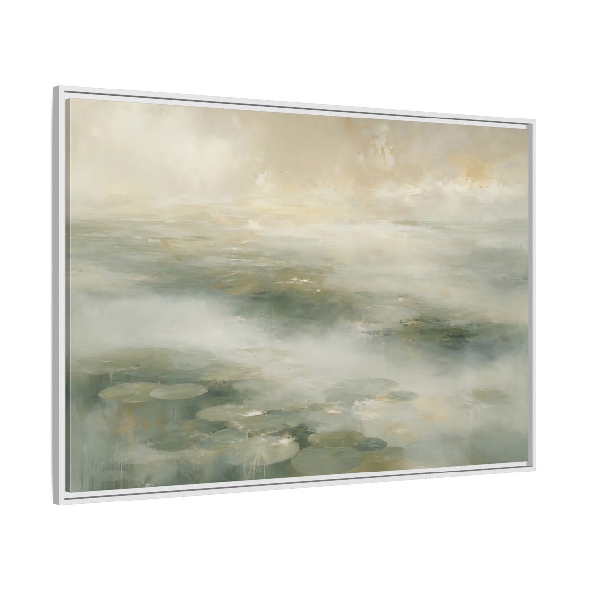 Side Mockup 7. Misty Lily Pond shown as framed canvas print