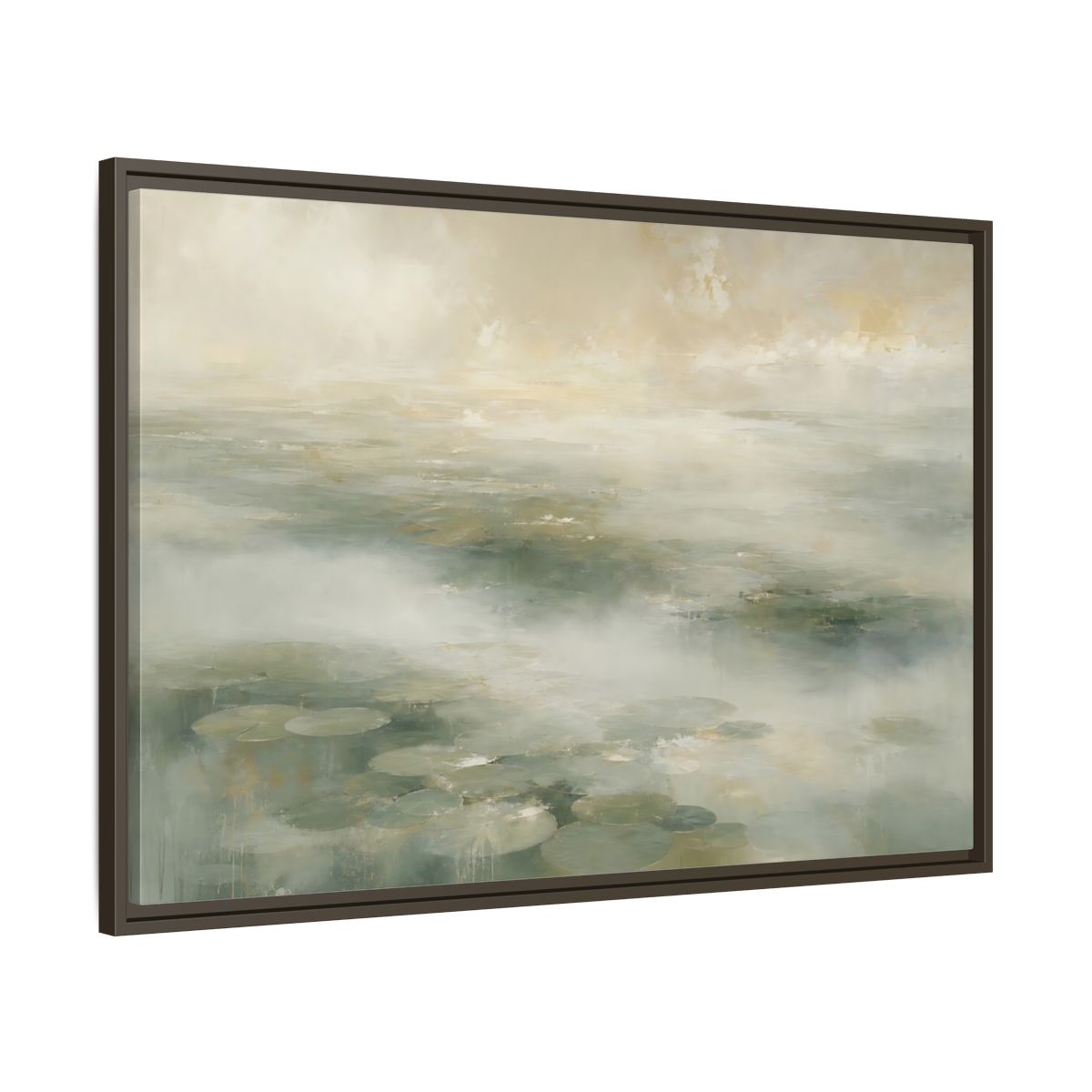 Main Mockup. Misty Lily Pond shown as framed canvas print