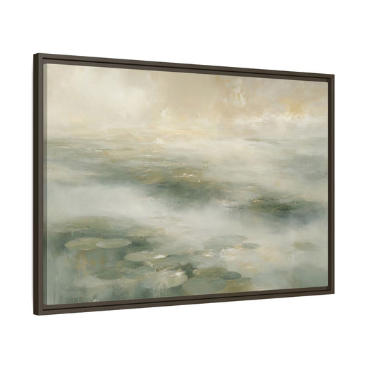 Main Mockup. Misty Lily Pond shown as framed canvas print