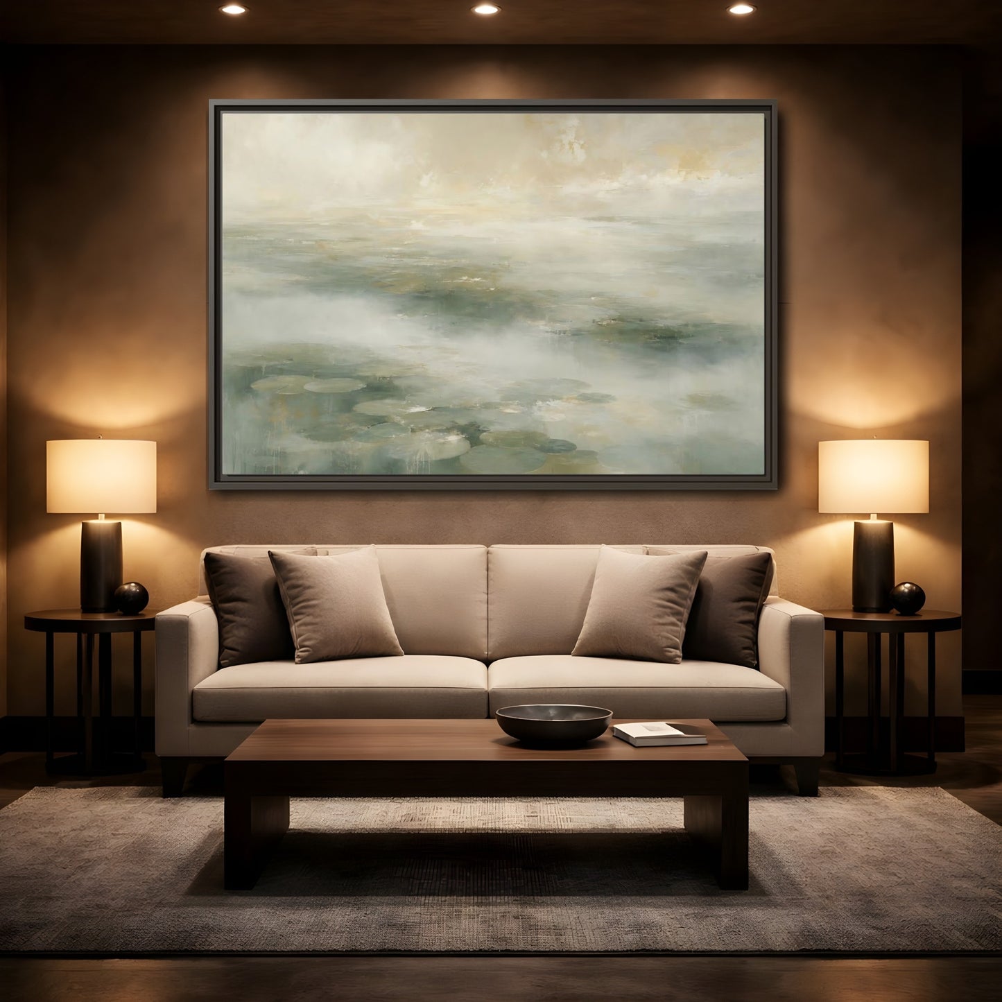 Mockup 2. Misty Lily Pond shown as framed canvas print