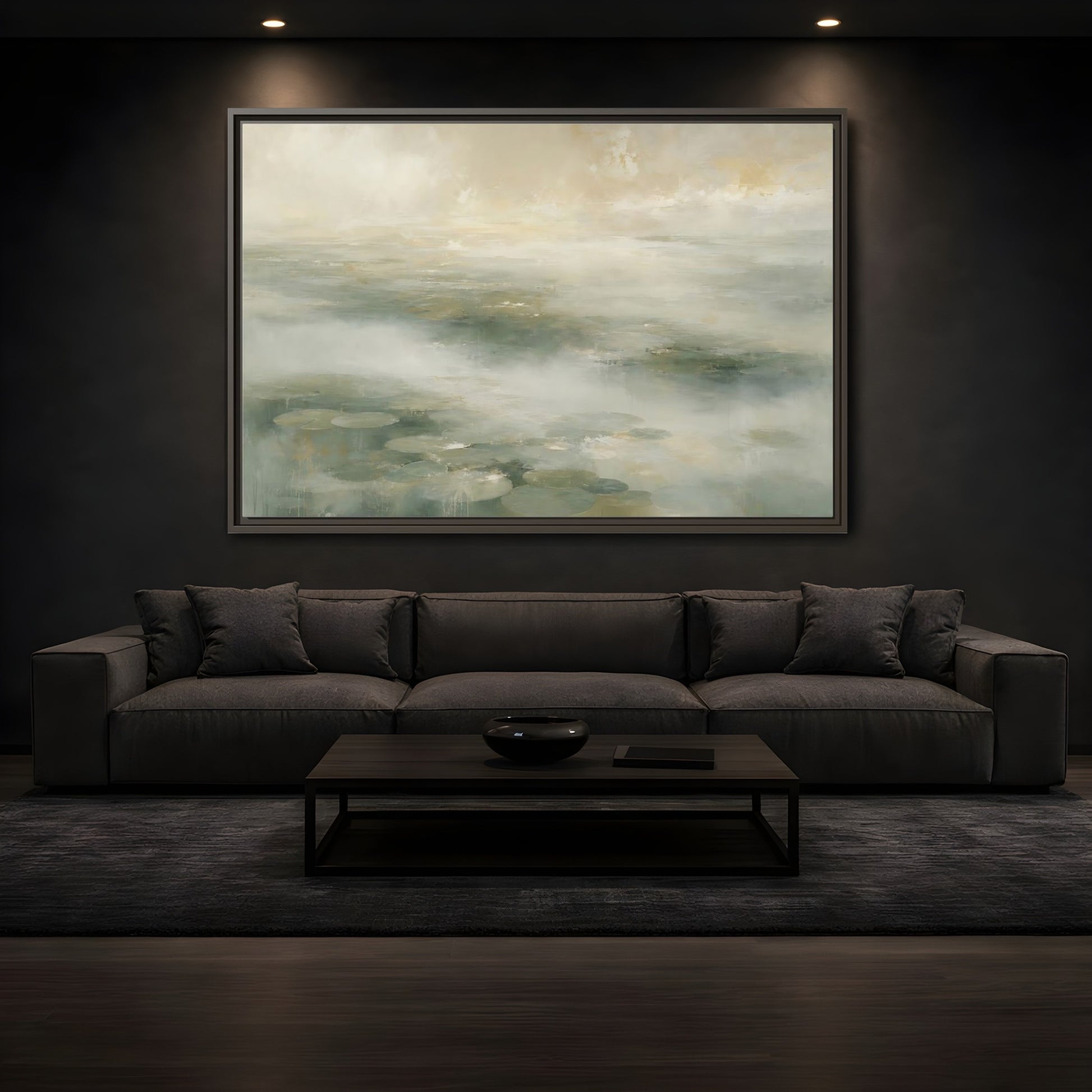 Mockup 3. Misty Lily Pond shown as framed canvas print