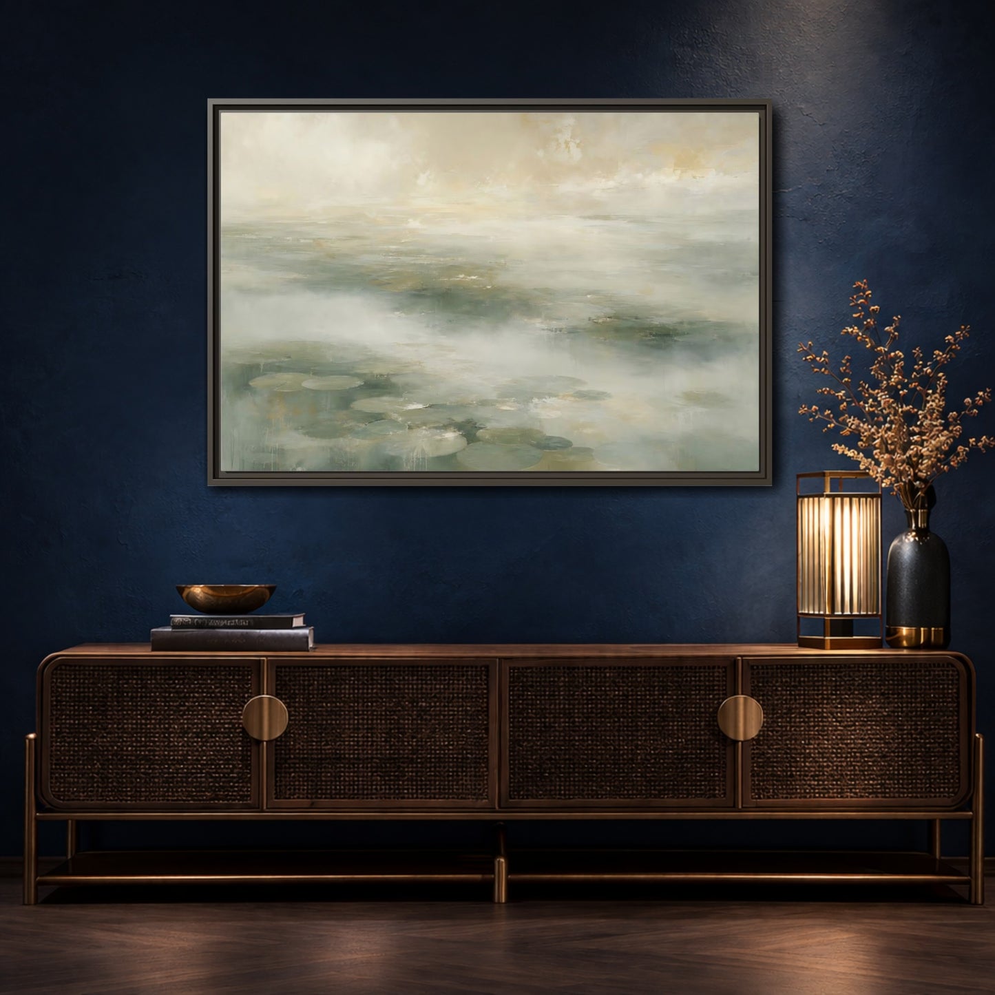 Mockup 4. Misty Lily Pond shown as framed canvas print