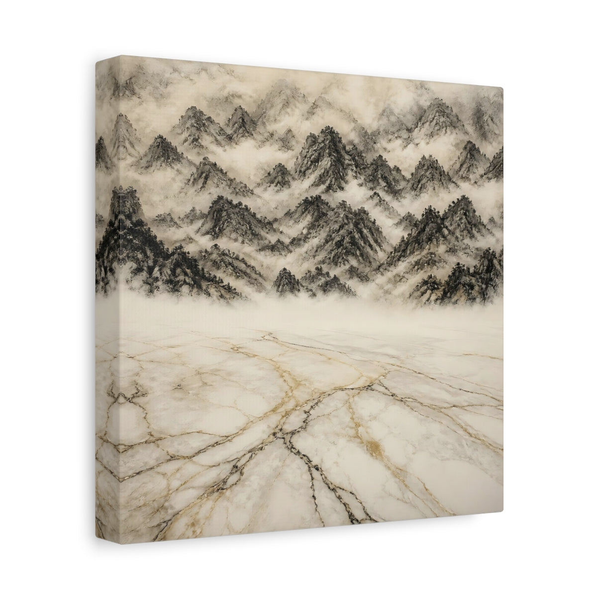 Side Mockup 9. Misty Marble Mountains shown as canvas print