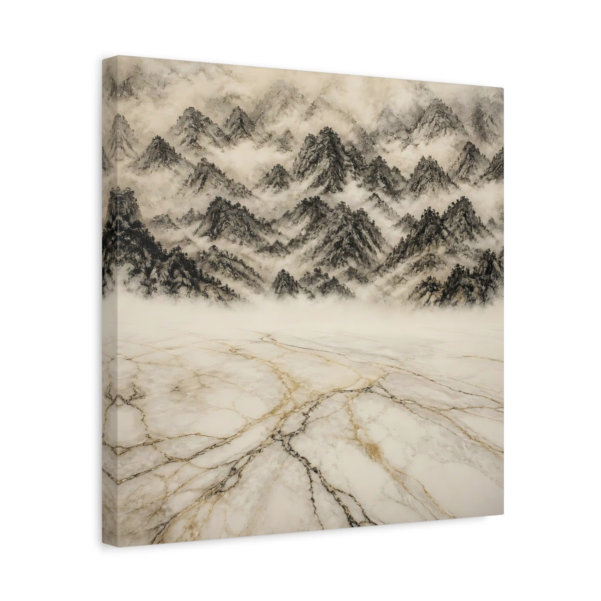 Side Mockup 6. Misty Marble Mountains shown as canvas print