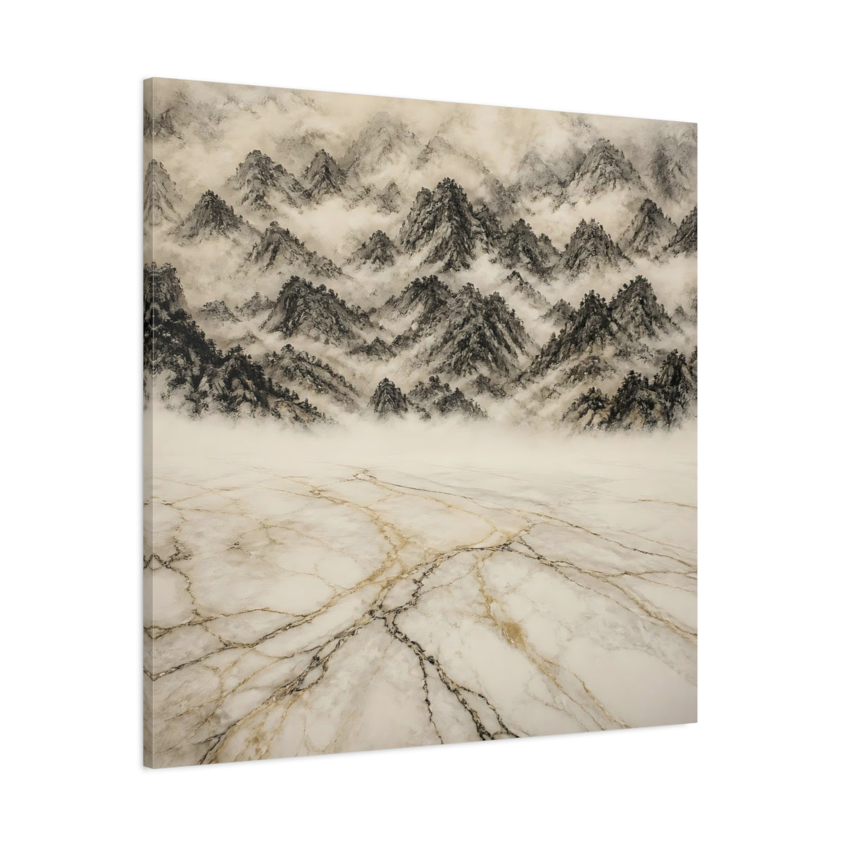 Side Mockup 1. Misty Marble Mountains shown as canvas print