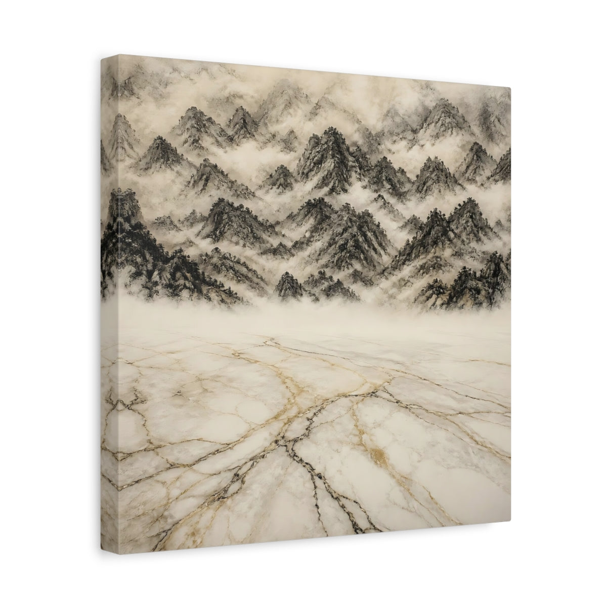 Side Mockup 7. Misty Marble Mountains shown as canvas print