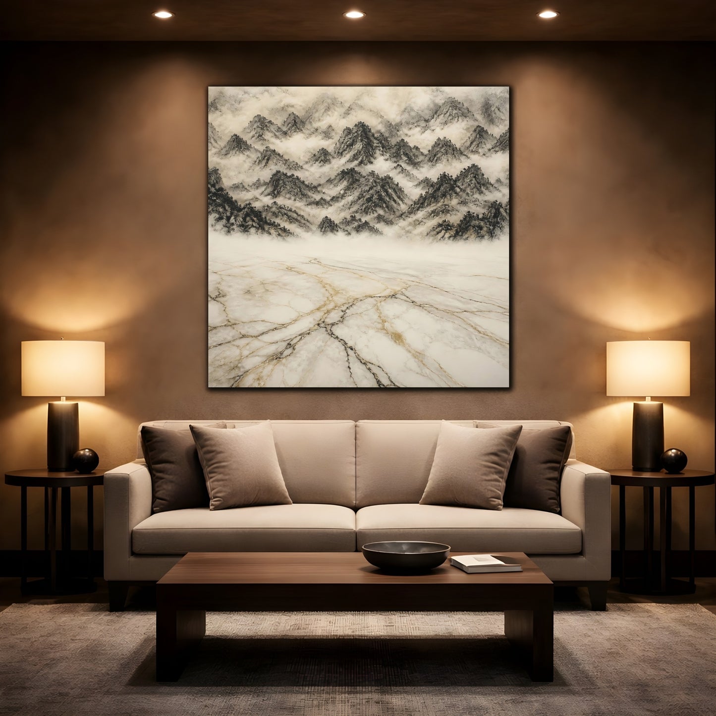 Mockup 2. Misty Marble Mountains shown as canvas print