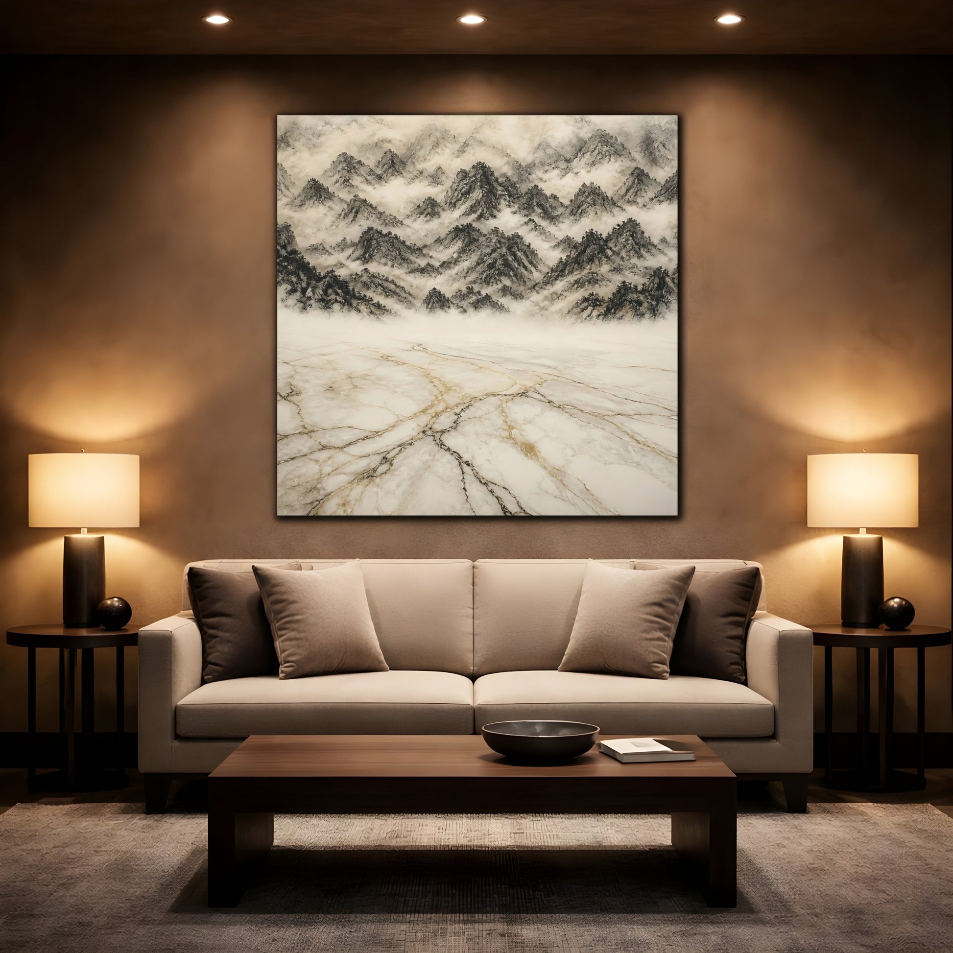 Mockup 2. Misty Marble Mountains shown as canvas print