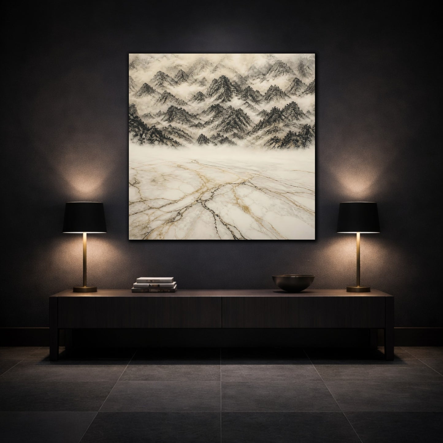 Mockup 3. Misty Marble Mountains shown as canvas print