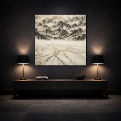 Mockup 3. Misty Marble Mountains shown as canvas print