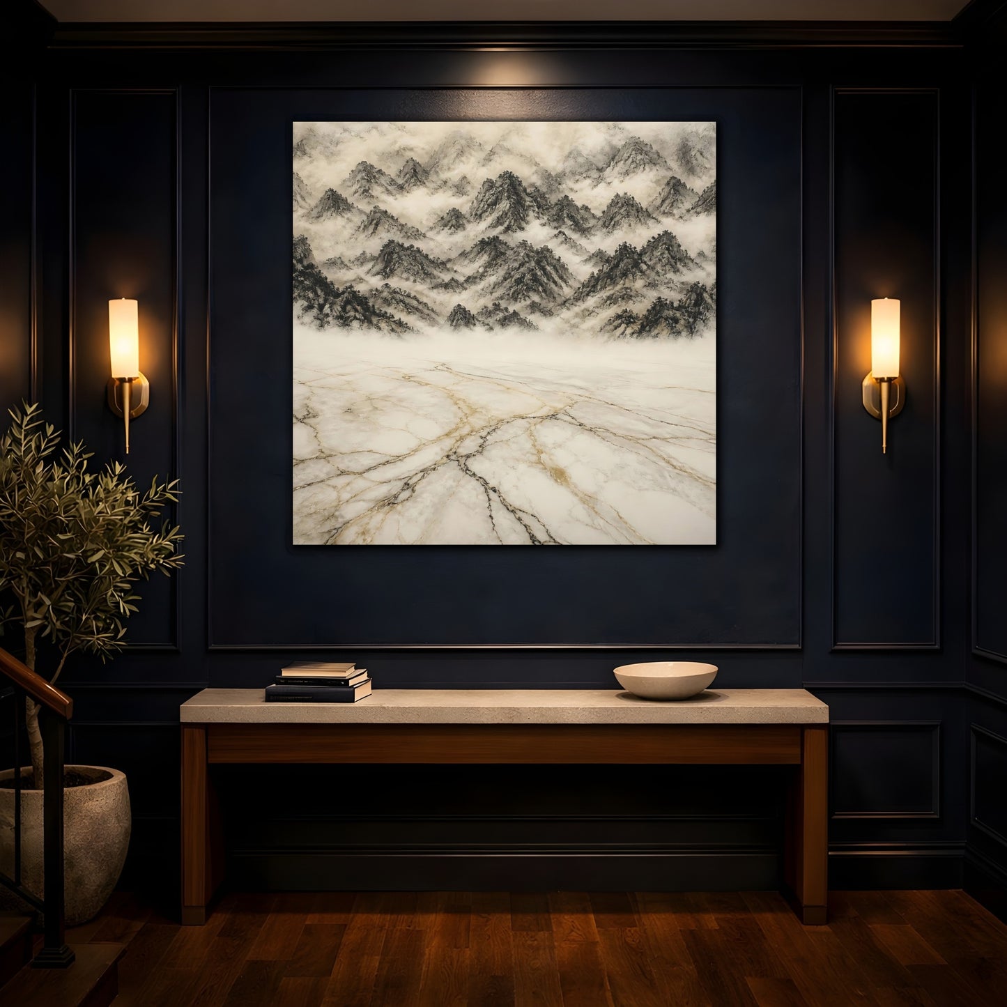 Mockup 4. Misty Marble Mountains shown as canvas print