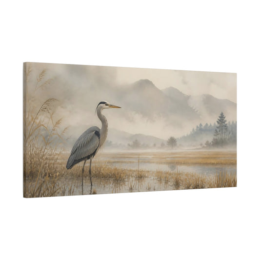 Main Mockup. Misty Marsh Heron shown as canvas print