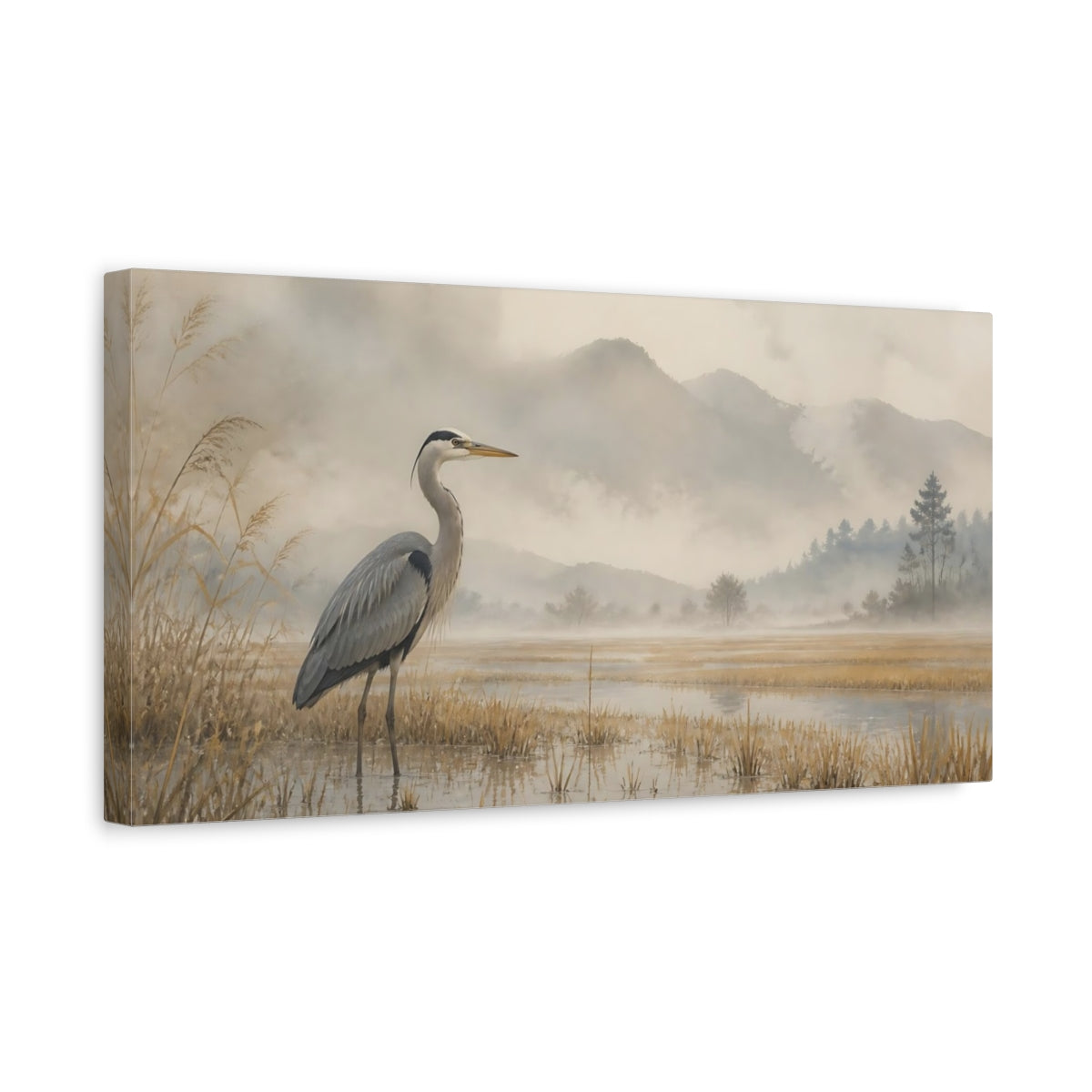 Side Mockup 3. Misty Marsh Heron shown as canvas print