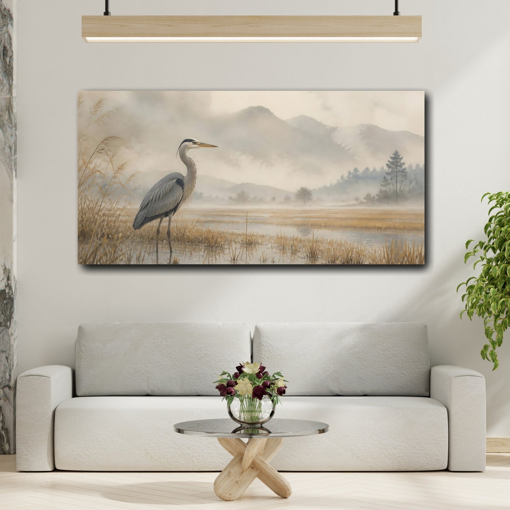 Mockup 2. Misty Marsh Heron shown as canvas print