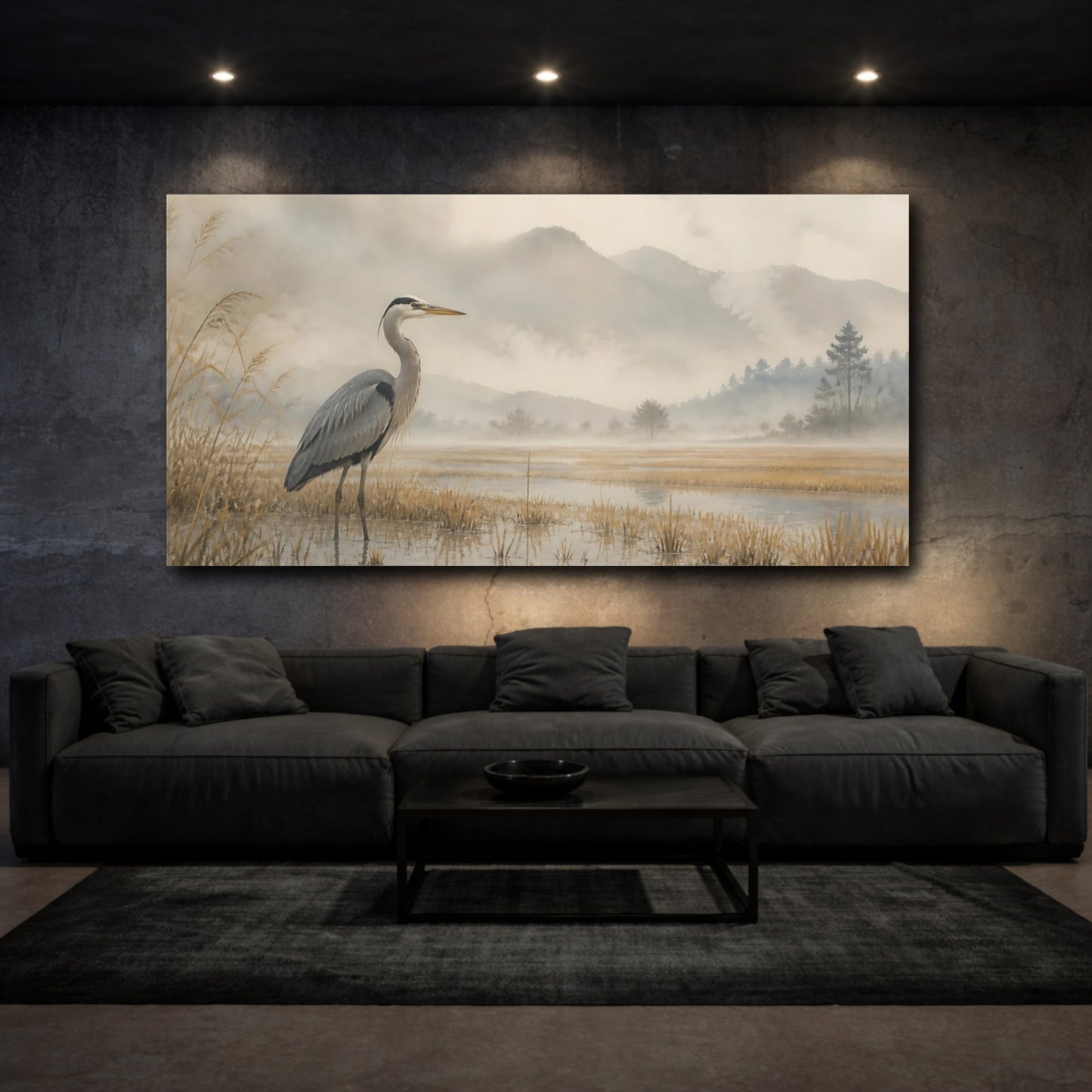 Mockup 3. Misty Marsh Heron shown as canvas print